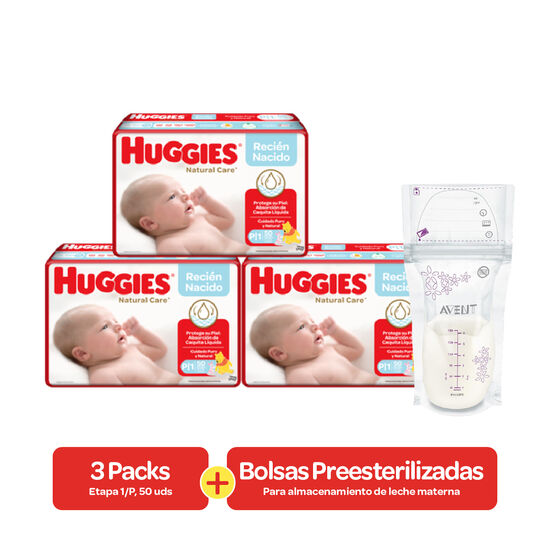 Combos Pañales Huggies Natural Care Etapa 1, 150 uds + Bolsas preesterilizadas para almacenamiento de leche materna