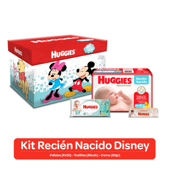 Kit Disney: Pañales Huggies Natural Care Etapa 1,30uds + Toallitas húmedas One&Done 80 uds + Crema Protectora 80g + Cajita Disney